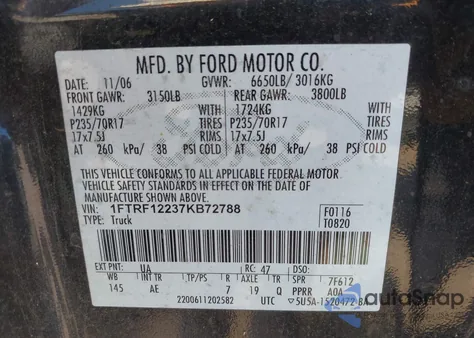2007 Ford F-150 Stx/Xl/Xlt from USA, damaged, VIN 1FTRF12237KB72788
